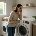 Front load dryer in tidy laundry room, person pausing to listen