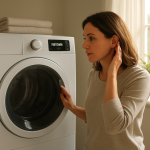 Modern dryer in clean laundry room, person listening attentively