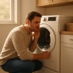 Front-loading dryer in clean laundry room, person listening attentively
