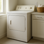 Front-load dryer in modern laundry room, calm natural light