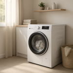 Front-loading dryer in tidy laundry room, slight vibration visible.