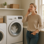 Front-load dryer running in tidy laundry room, person listening nearby