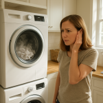 Modern front-loading dryer running while person listens nearby in kitchen