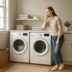 Dryer Noise After Belt Replacement: Normal or a Problem? Front-loading dryer running in bright tidy laundry room, person listening