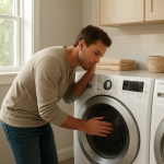 Front-load dryer in clean laundry room, person listening near base