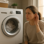 Front-load dryer running; person cupping ear nearby in laundry