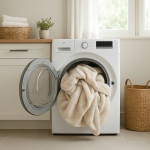 Front-load dryer noticeably full with large towels in tidy laundry room