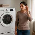 Front-loading dryer in modern laundry room; homeowner listening nearby