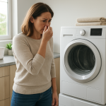 Front-load dryer in modern laundry, person sniffing the air
