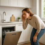 Modern dishwasher running in bright kitchen while person cups ear