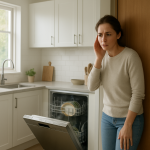 Modern dishwasher running in clean kitchen as homeowner listens nearby