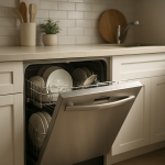 Modern dishwasher slightly open with utensil visible among dishes