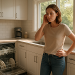 Modern dishwasher running in bright kitchen; homeowner covering ear