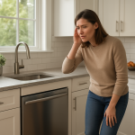 Modern dishwasher in clean kitchen, person pausing to listen