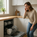 Modern dishwasher running in bright kitchen, person pausing to listen nearby.