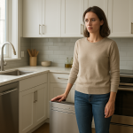 Modern dishwasher in clean kitchen, person listening quietly nearby