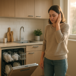 Modern dishwasher in kitchen, person lightly covering ear nearby