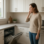 Built-in dishwasher operating in bright modern kitchen; person listening quietly