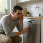 Closed modern dishwasher in kitchen with homeowner listening nearby