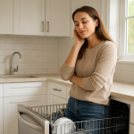 Stainless dishwasher in modern kitchen; person listening attentively nearby