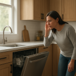 Modern dishwasher in clean kitchen, person cupping ear nearby.