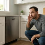 Person listening beside closed stainless dishwasher in bright modern kitchen