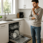 Modern kitchen with dishwasher running, homeowner nearby listening thoughtfully