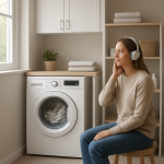 Front-loading washing machine running while person listens nearby.