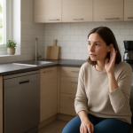 Modern kitchen dishwasher closed, homeowner listening attentively nearby