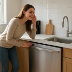 Stainless dishwasher running, person cupping ear nearby in kitchen.