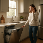 Modern dishwasher running in clean kitchen; person touching ear nearby