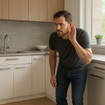 Closed stainless dishwasher in modern kitchen; person cupping ear nearby