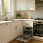 Open dishwasher with empty racks in sunlit modern kitchen