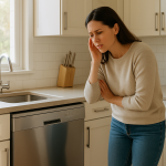 Modern dishwasher in kitchen; person leaning, listening, mild concern.