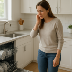 Modern dishwasher running in spotless kitchen with person noticing noise
