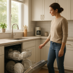Modern dishwasher in clean kitchen, homeowner listening while closing door