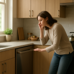 Closed stainless dishwasher with person listening in tidy modern kitchen