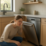 Modern dishwasher slightly misaligned in clean kitchen, homeowner listening