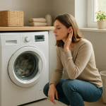 Front-loading washing machine running while homeowner listens attentively nearby