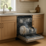 Modern kitchen dishwasher closed, dishes drying, person at counter