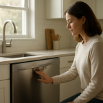 Modern dishwasher in kitchen, person listening and touching door gently