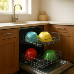 Dishwasher door open with plastic dishes inside and clean kitchen
