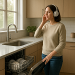 Modern dishwasher in clean kitchen, person pausing to listen