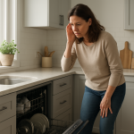 Modern dishwasher running while homeowner pauses, hand to ear