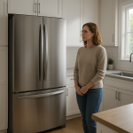 Refrigerator humming in bright modern kitchen while person pauses and listens
