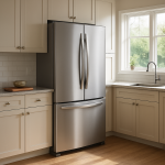 Modern fridge in kitchen with homeowner pausing, listening quietly