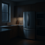 Modern kitchen refrigerator humming softly at night near dining area