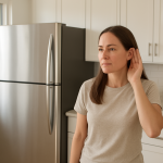 Modern refrigerator in kitchen, person listening nearby with concern