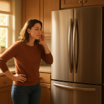 Modern refrigerator in bright kitchen, person pausing to listen