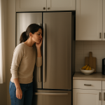 Modern refrigerator in tidy kitchen with person listening attentively.